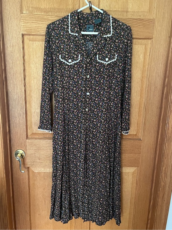 Vintage Liz Wear Dresses & Skirts - Liz Wear Vintage , prairie , Black Floral Button-Front Dress with Contrast Trim